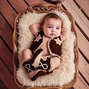 Newborn Baby Vest and Shoe Set for Photography Studio, Denim Photography Props, Handmade Wool Knitted Clothing, Unisex Photo Props, Cute Newborn Special Gift Set