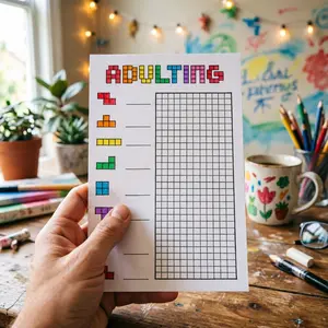 10 Russian Block Style Adult Life Tracking Cards, Fun Habit Tracker, Game-Based Self-Improvement Tool, Daily Task Tracker, Stress Relief Coloring Pages