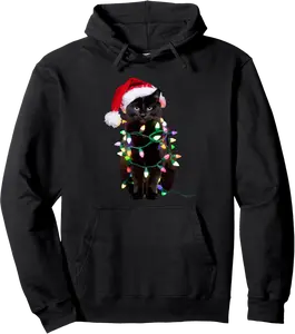 Black Cat Christmas Tree Lights Funny Santa Kitten Led Light Pullover Hoodie - Viqarfaroo Shop 52B0DL6BX8R7