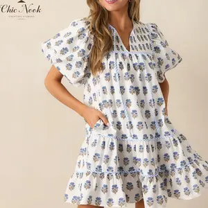Women’s Casual Tiered Dress with Pockets V-Neck Ruffle Dress Cap Sleeve Swing Mini Dress A-Line Dresses