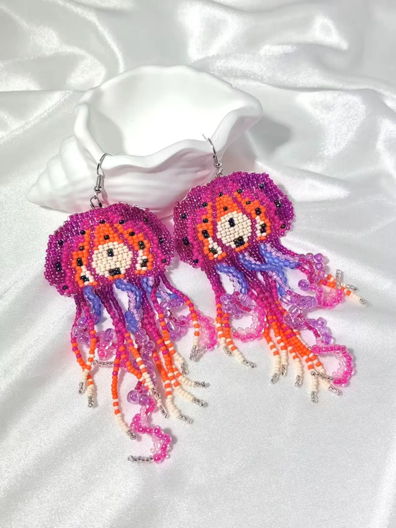 Women's Exaggerated Ocean Style Beachy Earrings, Handmade Jellyfish Beaded Design, Large Spiral Fringe, Perfect for Daily Wear and Parties, Trendy Fashionable Accessories