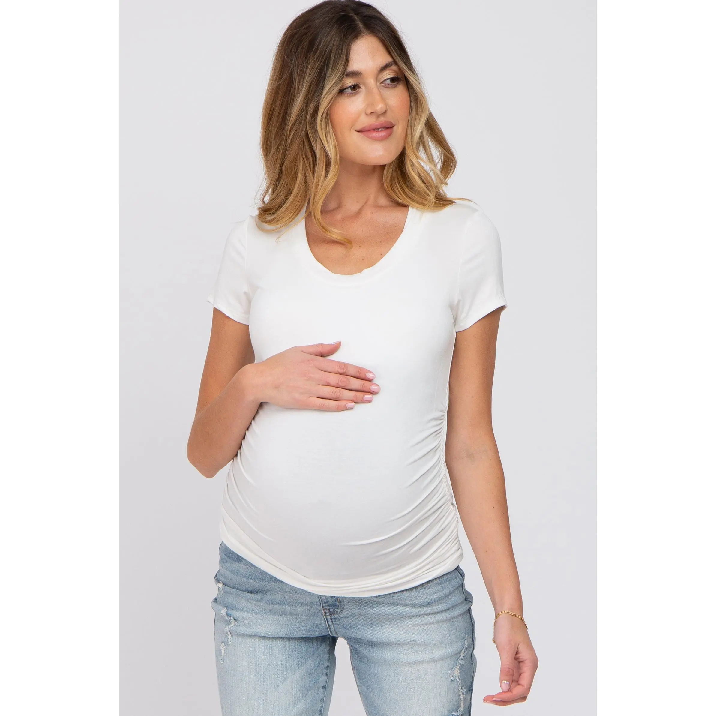White Basic Short Sleeve Maternity Fitted Top