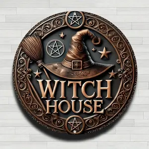 Witch House Emblem Witch Hat Broom Vintage Rustic Aluminum Metal Round Wall Sign, 8-inch Indoor Outdoor Gifts And Decor for Home, Office, Cafe & Yard Farm