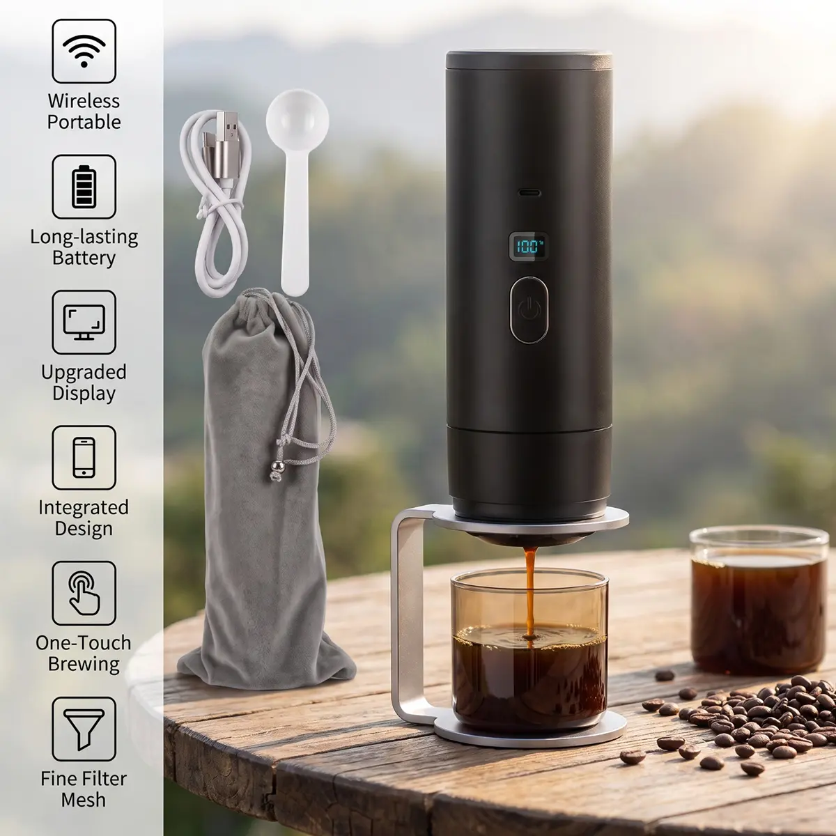 3-in-1 Portable Espresso Machine, 15Bar Pressure, Wireless Heating, Compatible with Nespresso/Dolce Gusto Capsules & Coffee Powder, Digital Display for Camping Travel Car