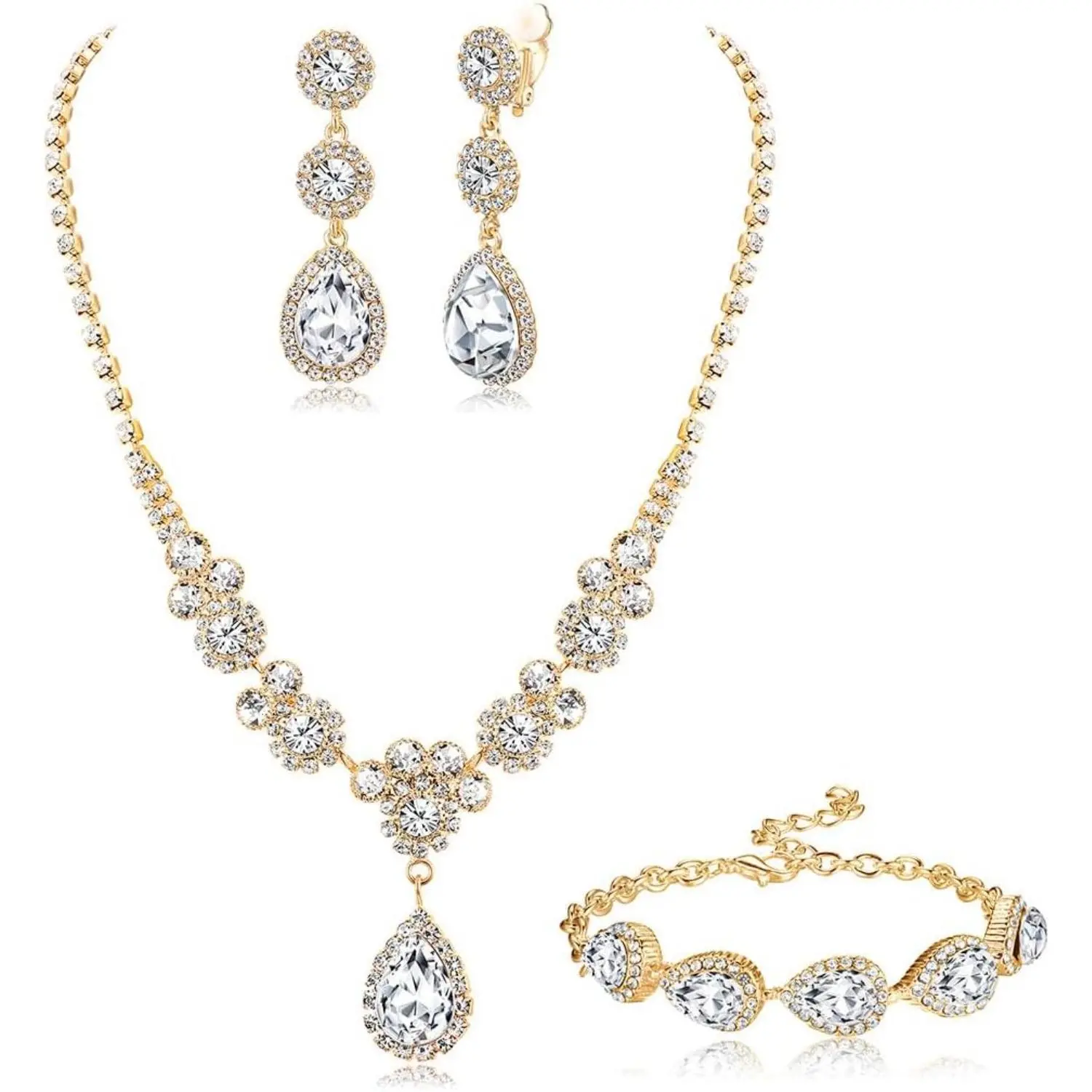 YADOCA Rhinestone Bridal Jewelry Set Necklace Bracelet Clip On Earrings for Brides Bridesmaid Cluster Crystal Teardrop Pendants Jewelry Set for Wedding Prom