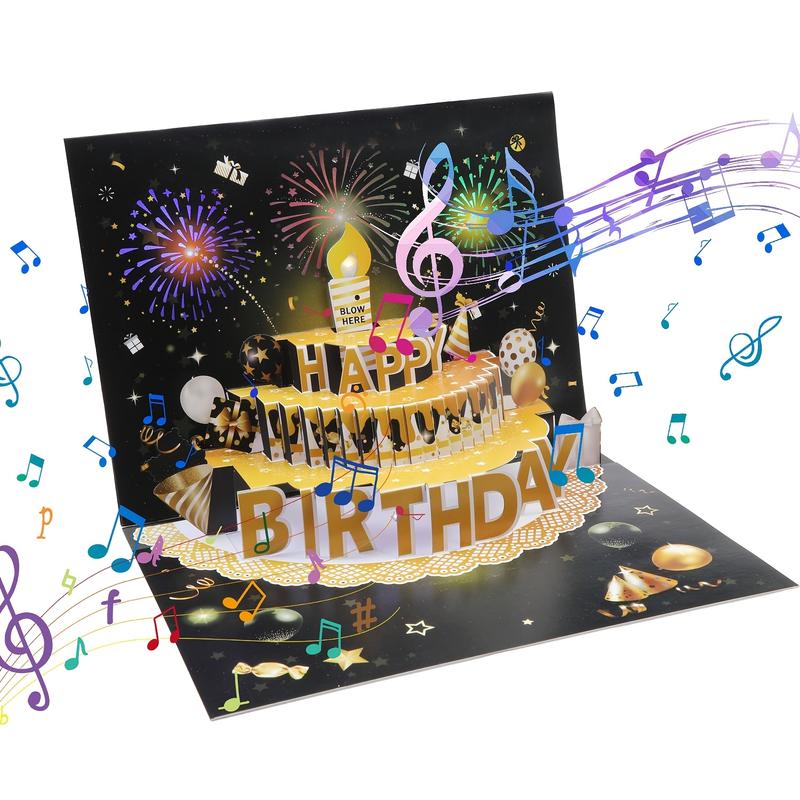 Happy Birthday Pop-Up Card with Blow The Candle, Birthday Cards Fireworks Pop Up Cake LED Light and Music, Singing Happy Birthday Gifts Decorations for Husband, Women, Kids, Son, Her, & Dad
