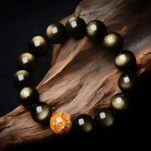 Crystal Charms Gold Obsidian Bracelet for Men & Women Double-Eye Design with Gold Foil & Beads Natural Energy Anchor Protection