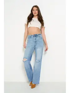 Cameron - Super Stretchy High Waisted Denim Wide Leg Jeans - Elegant Design for Everyday Wear Stretch & Blue Bottom Trouser Pants Denim Comfort Pocket