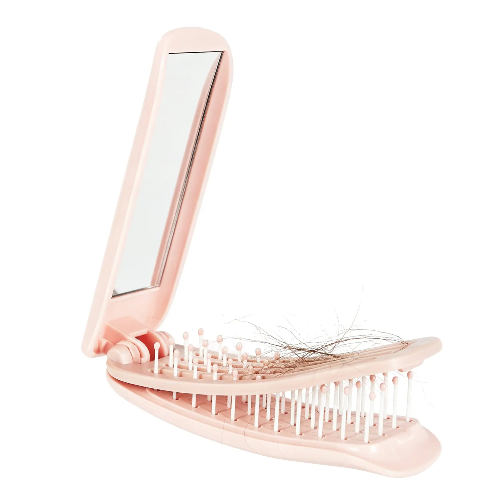 RHOS Self-Cleaning Foldable Mini Hair Brush with Shatter-Resistant Acrylic Mirror, Portable Travel Paddle Brush for Women, Compact with Pouch