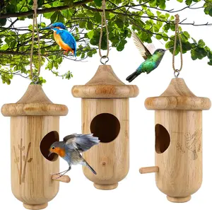 Hummingbird House for Outside Hanging, Wooden Hummingbird Gifts Nest 3 Pack with Hemp Ropes