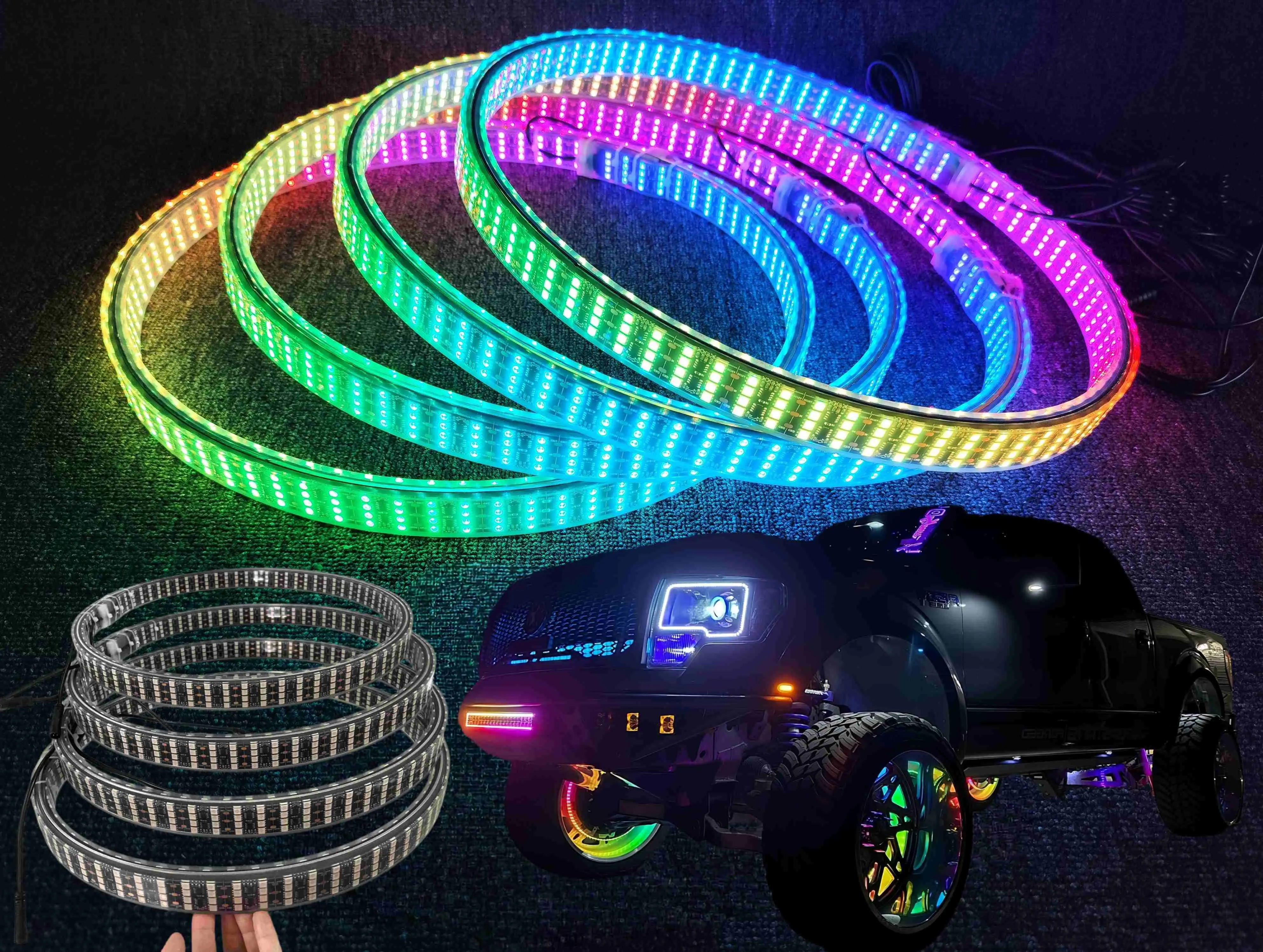 17.5" Double-Sided Quad Row Chasing LED Wheel Lights, 360° Elite Multi-Color Car Wheel Lights, IP68 Waterproof Truck Wheel Lights Kit with App & Remote Control, Music Sync Flowing Tire Lights for 15.5" Brake Rotors