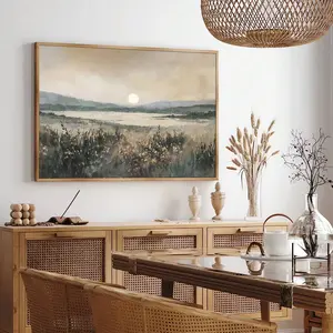 1pc Unframed Vintage Lake Mountain Field Sunset Canvas Poster Horizontal Print Retro Abstract Landscape Rustic Wall Art Painting Cottagecore Farmhouse Decor Picture For College Room,Apartment,Bedroom,Living Room,Minimalist Home Decoration