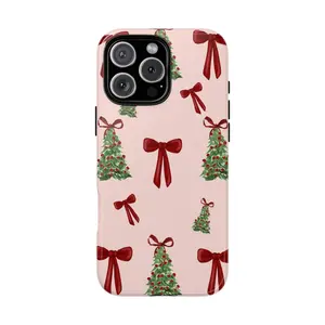 Aesthetic Pink Christmas Phone Case for iPhone 11–17 with Cute Holiday Tree & Red Ribbon Pattern | Festive Winter Protective Cover | Perfect Seasonal Gift