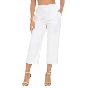 HDE Women's Pull-On Linen Capri Pants | Comfy, Lightweight, High-Water Beach Pants for Summer