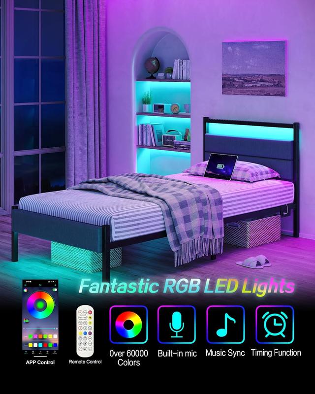 CollaredEagle Bed Frames with Charging Station, LED Lights Bed with Grey Upholstered Headboard, with Heavy Duty Slats Support, No Box Spring Needed, Noise Free, Easy Assembly.