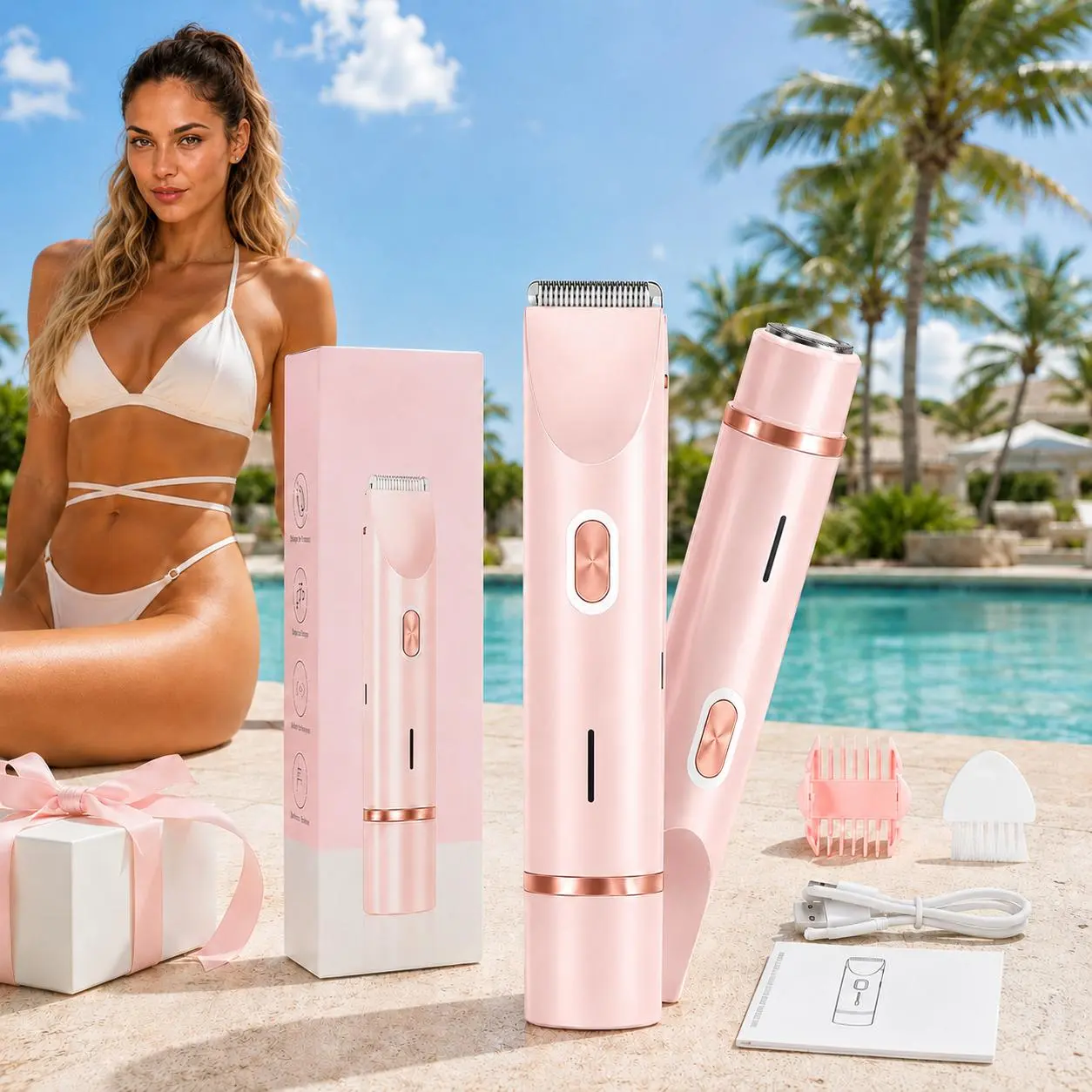 Women's Rechargeable 2-in-1 Bikini Trimmer & Electric Shaver for Women, Dual Heads, Hypoallergenic Abs Body, Waterproof Wet & Dry, Smooth Painless Hair Removal, Summer Party Gift for Home Gifting