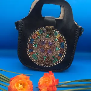 Aztec Design Handbag - Black Leather with Colorful Aztec Pattern and Metal Clasp
