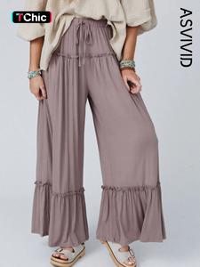 women's plain drawstring frill trim wide leg pants, pants for women, casual high waist trousers, baggy pants for women, ladies casual summer bottoms for daily wear, preppy 80s clothes, going out bottoms