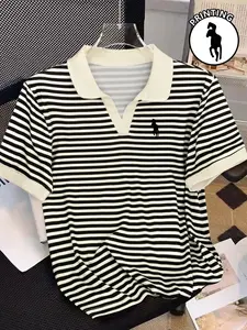 Vintage Striped Short Sleeve Polo Shirt for Women, Summer Lightweight Breathable Cool Collar Horse Print, Casual Daily Commute Top