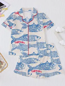 2-Piece Kids Sandfish Print Pajama Set, Unisex Short Sleeve Button Front, Casual Home Wear, Fire Retardant Summer Sleepwear