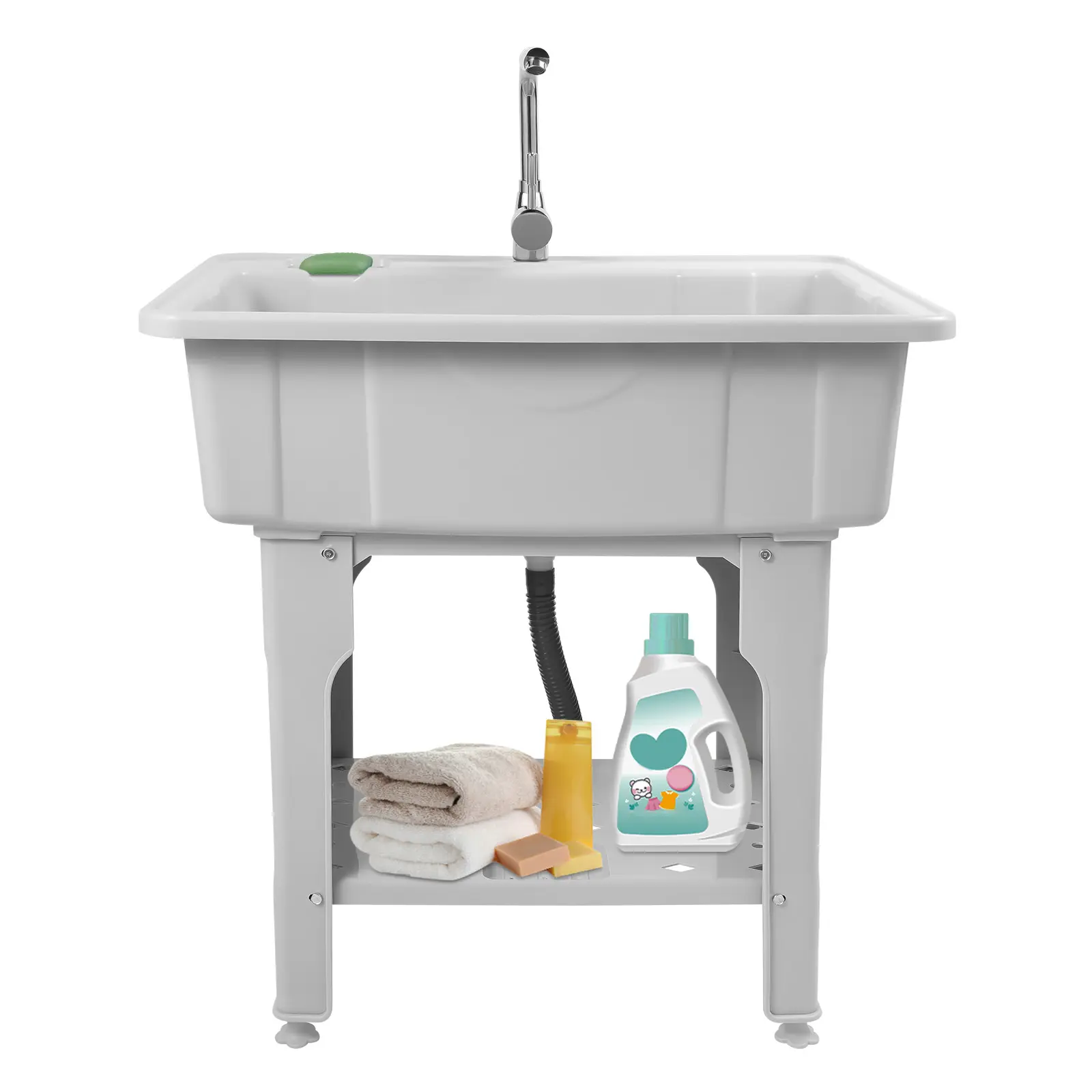 summerwins Rectangular Freestanding Plastic Laundry Sink with Washboard, Storage Shelf, 154 lbs Capacity, 360-Degree Rotating Hot-Cold Alloy Faucet, Comfortable Modern Utility Wash Basin for Household Items, Kitchen Household Products, Garden, Indoors, Ba