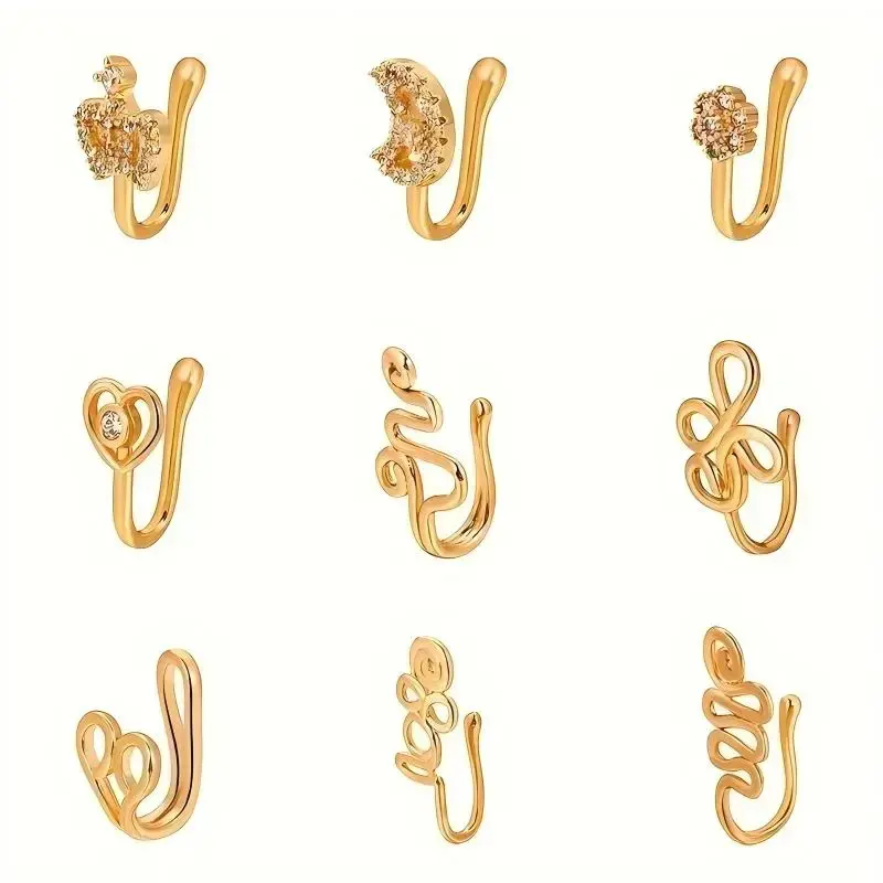 9PCS Fake Piercing Non-Piercing Nose Ring Set for Women, Gold Clip-On Septum & Rhinestone-Designed Nose Cuff Jewelry (Star, Heart, Crown) – Trendy Punk Outdoor & Party Leisure Accessories