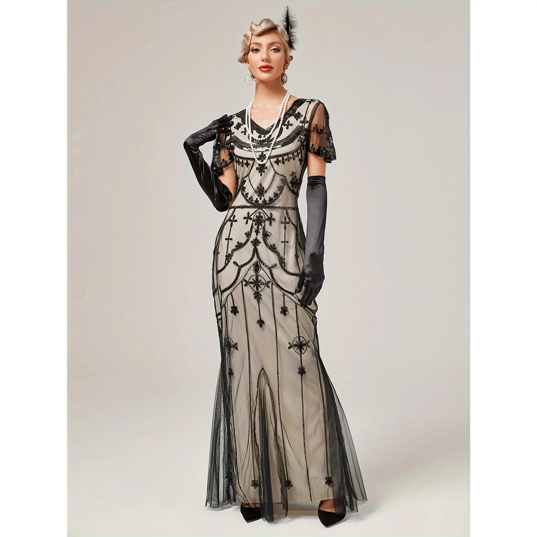 Women's Vintage 1920s Gatsby Sequin Flapper Dress - Elegant Long Sleeve V-Neck Polyester Weave with Beaded Tassels for Female 18+ Adult Gatsby Theme Parties, 18+ Years, Elegant Gatsby