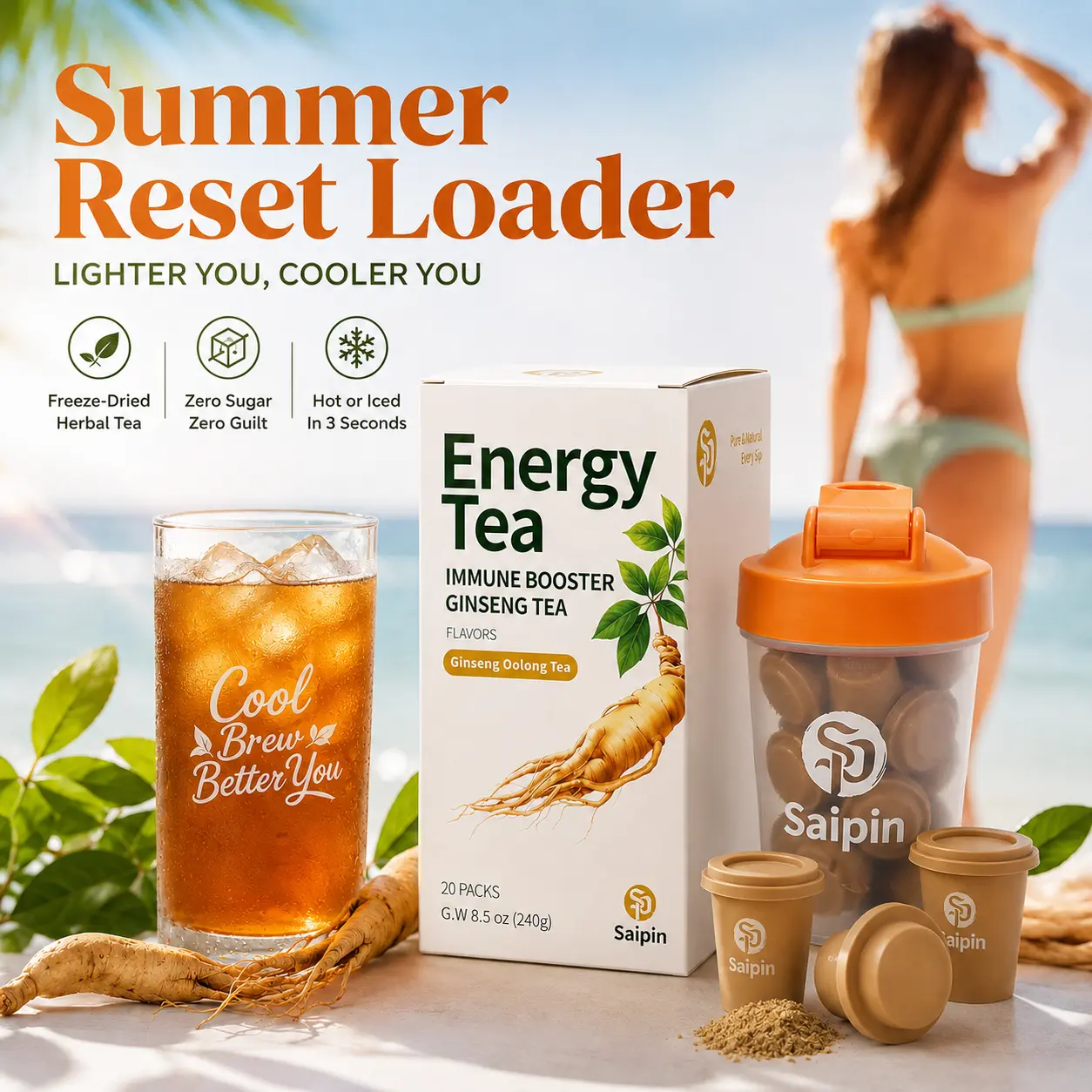 Loaded Tea Energy Drink Mix Pods (20 Count) - Ginseng Herbal Tea Packets, Free Shaker, No Added Sugar, Natural Ingredients, Metabolism Support, Clean Focus, Calm Power, Caffeine-Free 3s Freeze-Dried Instant Mix for Long Drives