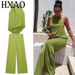 HXAO Woman 2025 Green Pant Sets Knotted Asymmetrical Top Elegant Women's Sets Summer Baggy Wide Pants Sets For Women 2 Pieces