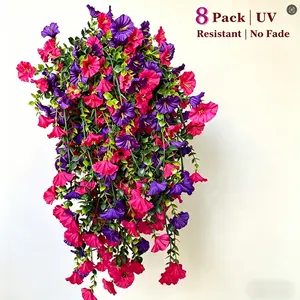 8-Piece UV-Resistant Artificial Summer Trumpet Vine, Vibrant Flower Pattern, Durable Plastic, Indoor/outdoor Decor, Hanging Plant Replica