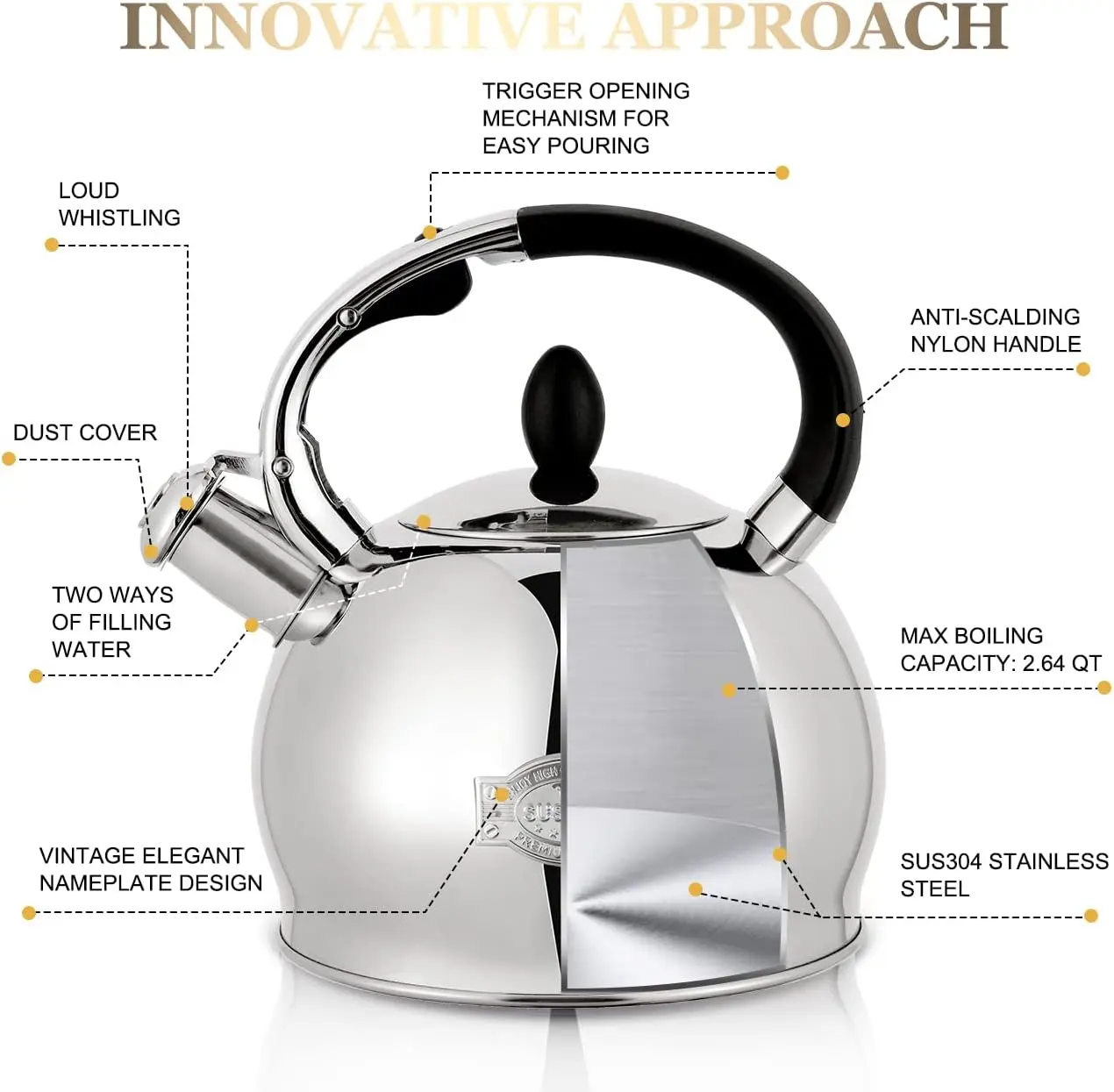 SUSTEAS Stove Top Whistling Tea Kettle - Food Grade Stainless Steel Teakettle Teapot with Cool Touch Ergonomic Handle, With 1 Silicone Pinch Mitt Included,2.64 Quart(SILVER)