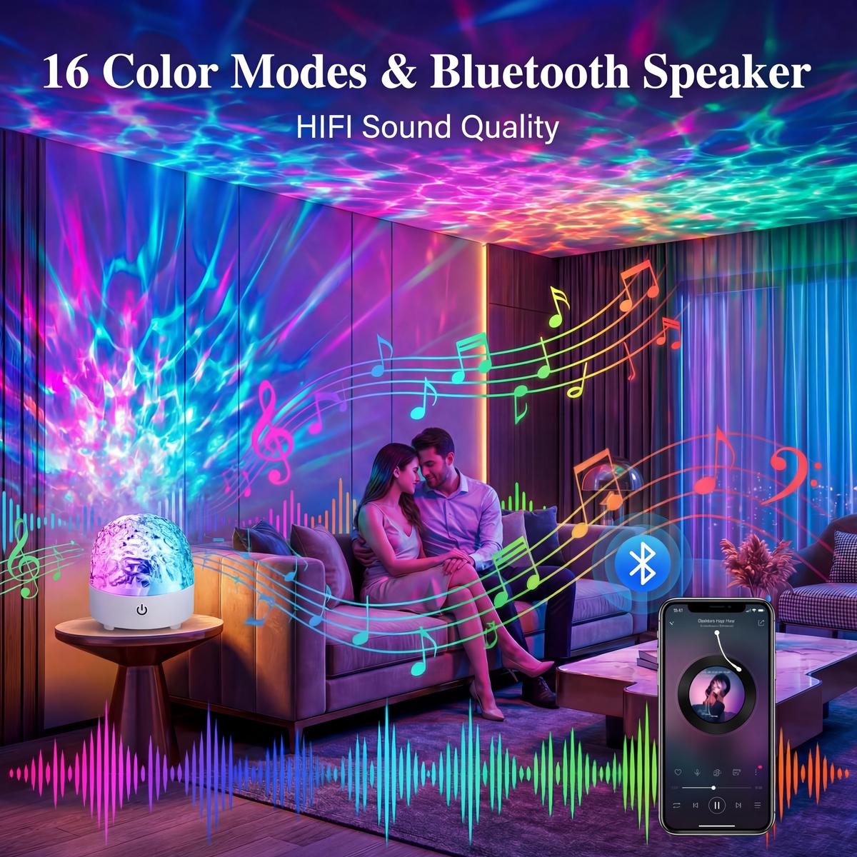 16-Color Star Projector Light with Built-in Bluetooth Speaker, 3D Surround Sound, Music Sync, Romantic Ocean Wave & 3D Water Ripple Atmosphere Lamp 16-Color Star Projector Light with Built-in Bluetooth Speaker, 3D Surround Sound, Music Sync, Romantic Ocean Wave & 3D Water Ripple Atmosphere Lamp