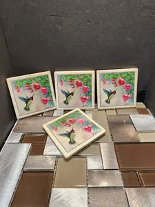 4 Wilma Vincent Hummingbird Ceramic Tile Coasters 3 1/2” Square  A9