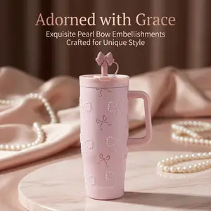 40oz Pink Coquette Tumbler with Handle and Straw, 3D Pearl Bow Insulated Stainless Steel Water Bottle with Dust-Proof Straw Cover