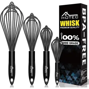 Set of 4 silicone whisks, wire balloon whisk egg beater, non-slip handle whisk for non-stick cookware—perfect for cooking, stirring, beating, and blending (black).