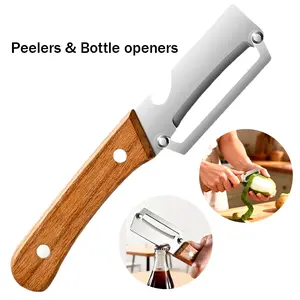 2-in-1 Kitchen Peeler & Bottle Opener, Stainless Steel Veggie Peeler with Wooden Handle