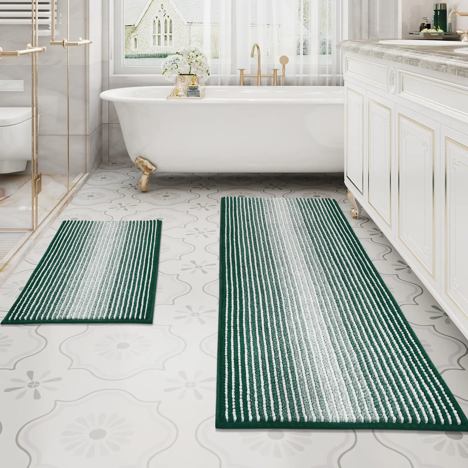 Bathroom Rugs and Mats Sets, 2 Piece Thick Absorbent Chenille Bath Mat Rug Set Non Slip, Soft Shaggy Bath Room Floor Mats for Bathroom, Machine Washable (20" x 47" Plus 16" x 24", Hunter Green)