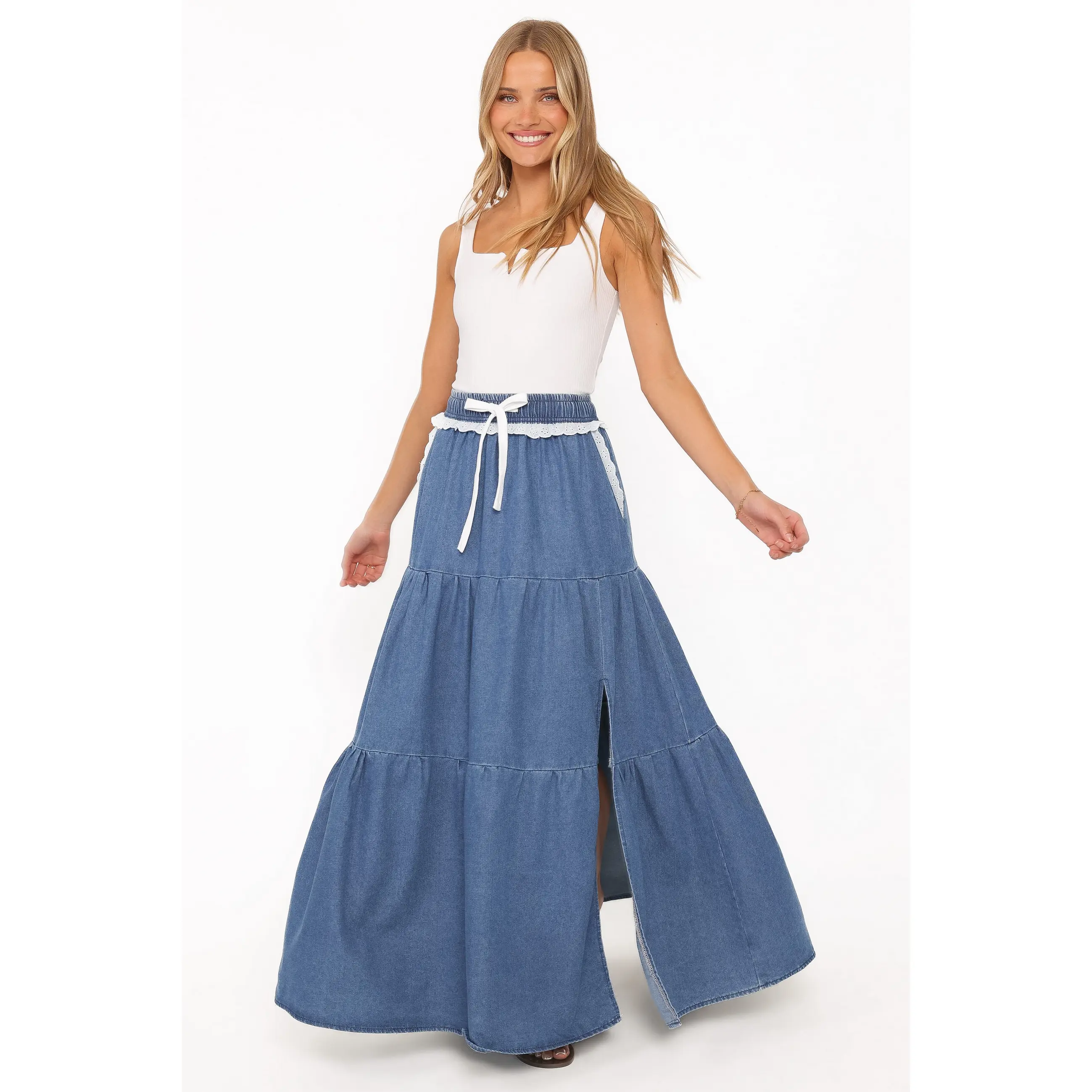 Scout Tiered Denim Maxi Skirt - Medium Wash