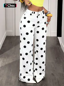 Women's Polka Dot Wide Leg Loose Pants, Stretchy Elastic Waist Casual Long Trousers, Versatile Daily Wear Everyday Fashion for Ladies