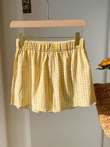 Summer Women's Plaid Elastic Waist Shorts, Casual Striped Pants, Loose Fit Home Wear, Korean Style, Breathable Fabric, A-Line Wide Leg