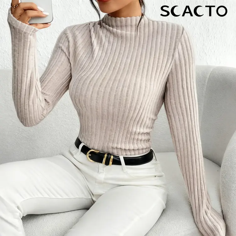 [Clearance Sale] Women's Ribbed Mock Neck Knit Jumpsuit Long Sleeve Slim Casual Jumpsuit, High Neck Ribbed Knit Long Sleeve Women's Bodysuit For Autumn, Versatile Casual Jumpsuit. Elegance Womenswear