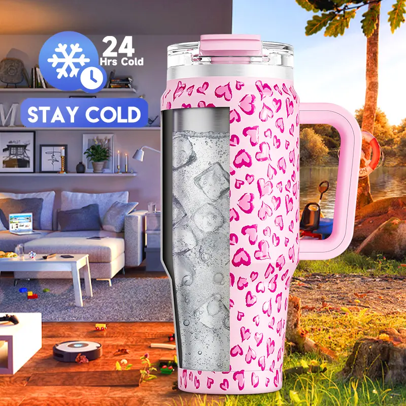 Meoky 32oz/40oz Double Mouth Car Mug with Handle, Reusable Vacuum Insulated Stainless Steel Coffee Mug, Keeps Cold for 24 Hours or Hot for 8 Hours,Valentine's Day gift