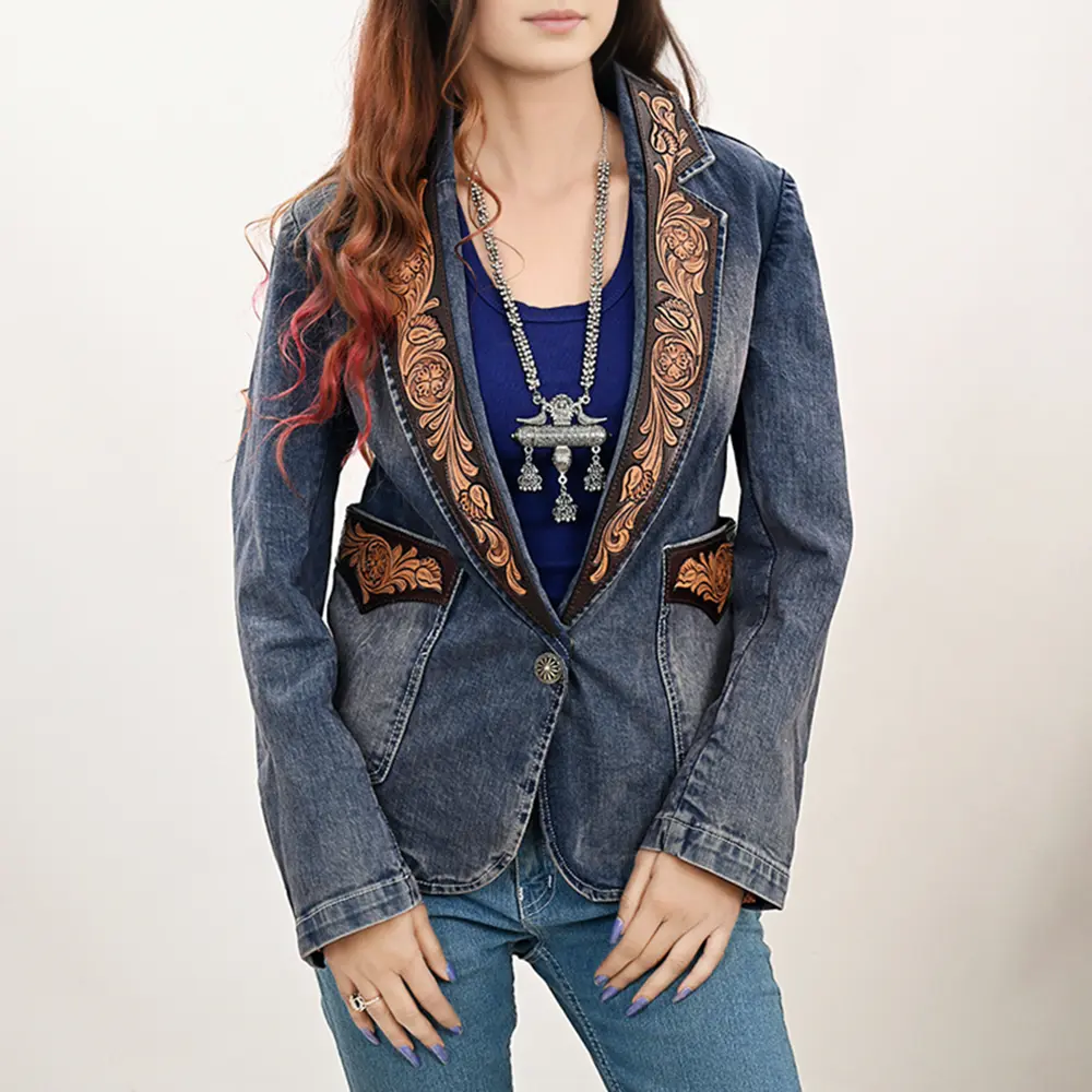 American Darling Genuine leather Hand tooled carved Women 100% cotton Denim Blazer dress jacket ladies |Vintage