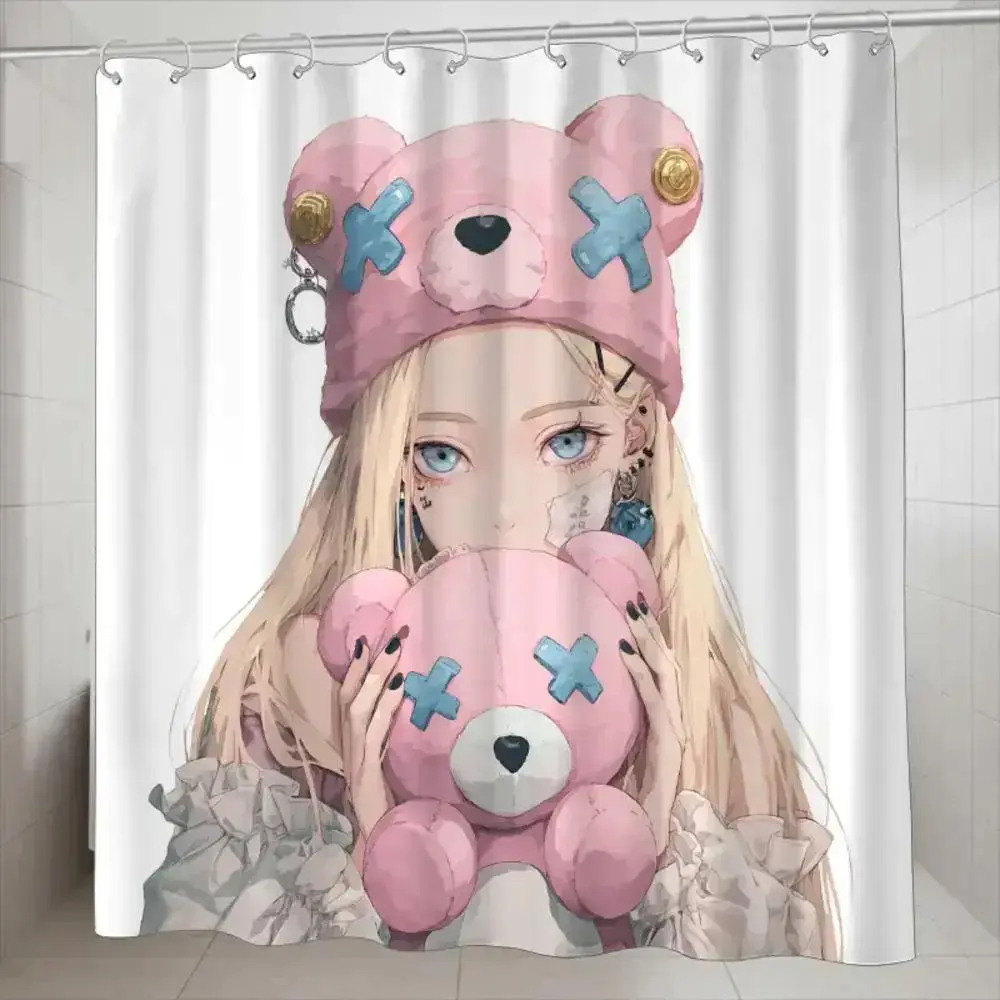1 bathroom shower curtain, drawing activity, 2D style shower curtain, comes with 12 hooks, 180*180cm bathroom curtain home decoration D