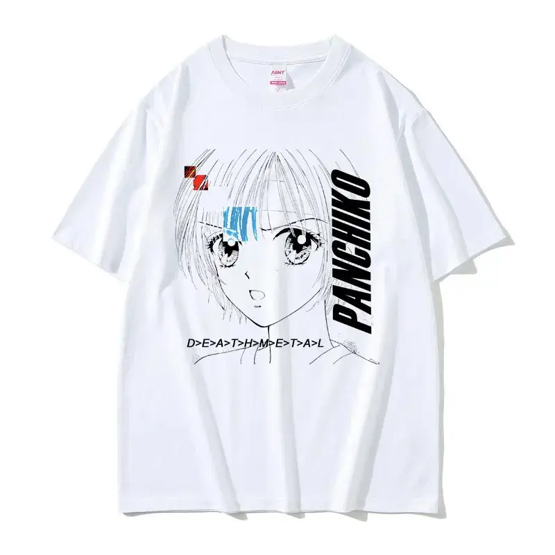 Anime Panchiko Death Metal Graphic T-Shirt, Retro 90s Manga Line Art Design Casual Cotton Short Sleeve, Unisex Streetwear Tee for Men Women Teens, Harajuku Aesthetic Daily Top, Soft Breathable Fabric, Great for Otaku Fans and Music Lovers