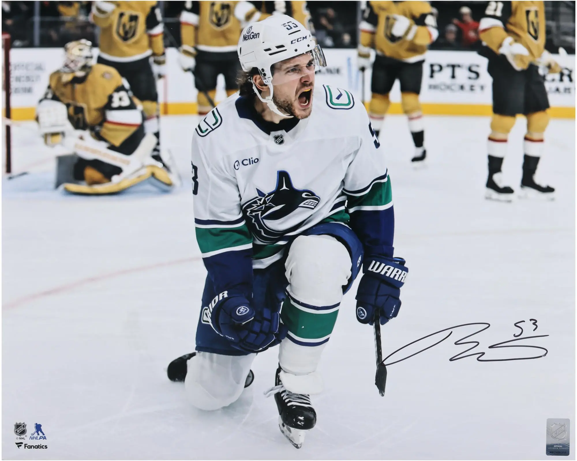 Teddy Blueger Vancouver Canucks Autographed 16" x 20" White Jersey Celebration Photograph - Fanatics Authentic Certified