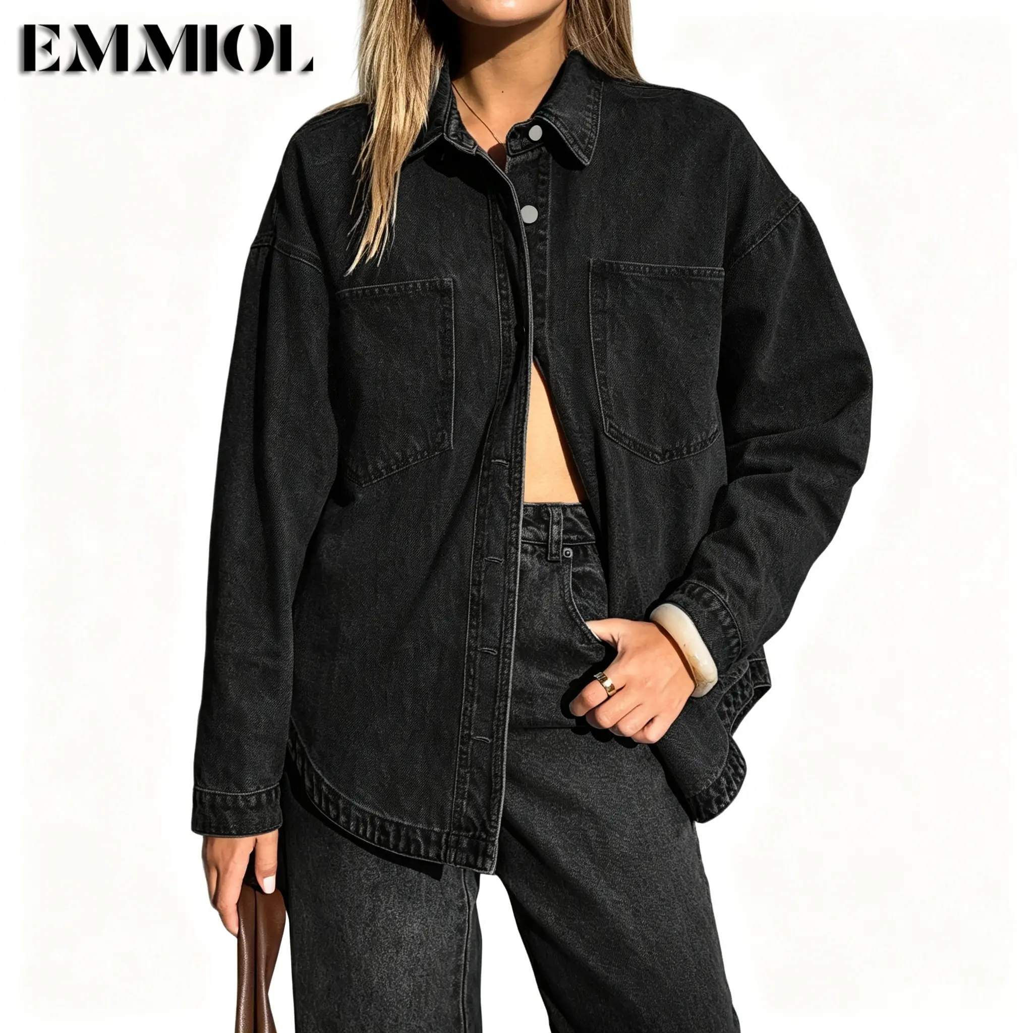 EMMIOL Women Oversized Denim Shirt Jacket Long Sleeve Button Down Distressed Vintage Blue Jean Jacket Streetwear Summer Vibes Womenswear Shacket