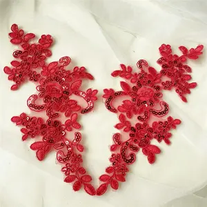 Sequin Corded Flower Embroidery Lace Appliques Dress Patches for Craft Projects (Red + Sequin)