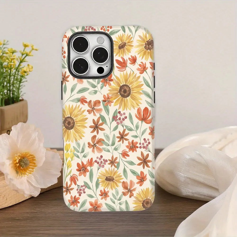 This durable, shock-absorbing, glossy 2-in-1 phone case features an autumn sunflower pattern and is compatible with iPhone 17, 16 pro , 15, 14, 13, 12, 11, X, and Samsung models. It makes a great holiday gift for friends or family.