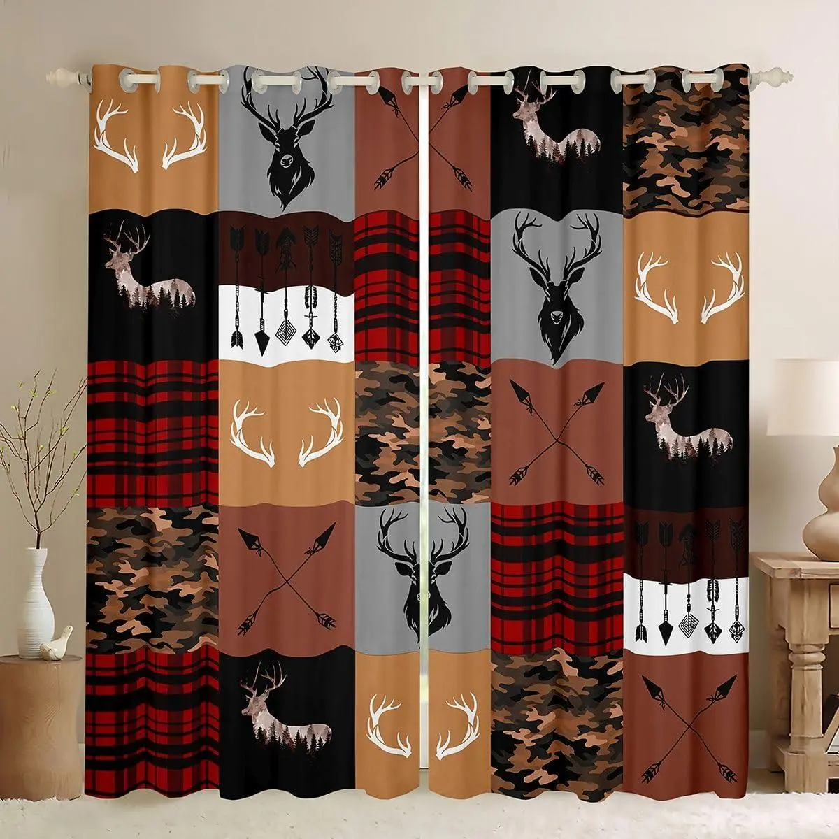 Hunting Camo Curtains Bedroom Living Room Deer Blackout Darkening Drapes Camouflage Window Treatments,2 Panels Antlers Room Decor